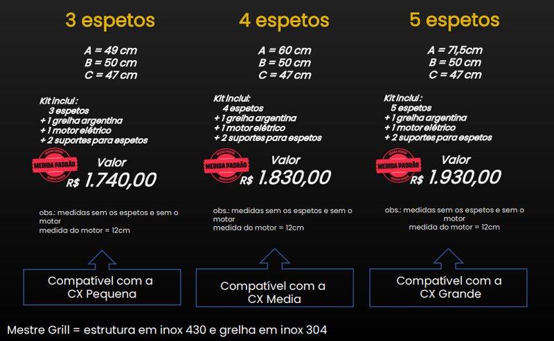 Churrasqueira Grill sem Motor com Elevação Standard - 3 Espetos